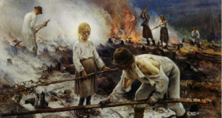 Bildet heter Raatajat rahanalaiset, «Trälar under penningen» og er laget av Eero Järnefelt, 1893. Det henger i dag i Finlands nasjonalgalleri. 